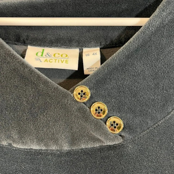 Denim&co. Active Gray Blue Velour Pullover Plus 4X Gold Button Accents V Neck - Picture 4 of 4